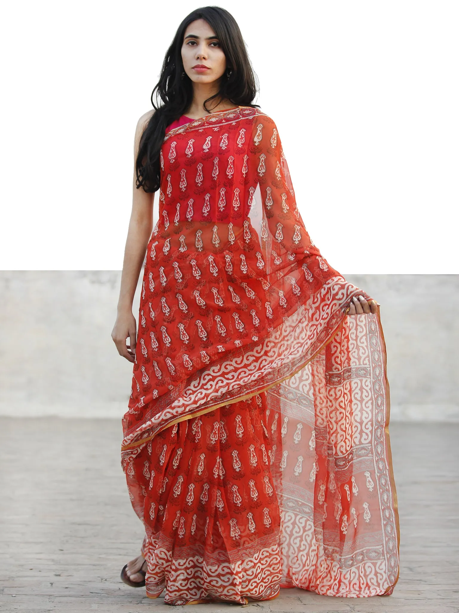 Folly Red Ivory Hand Block Printed Chiffon Saree with Zari border- S031702729