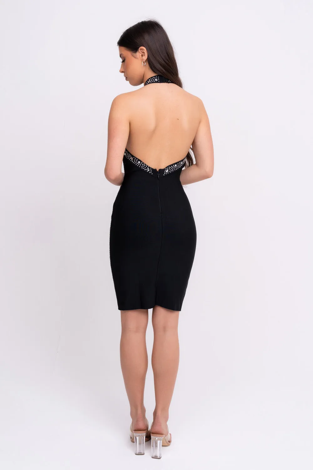 Gigi VIP Luxe Black Rhinestone High-neck Bandage Bodycon Dress