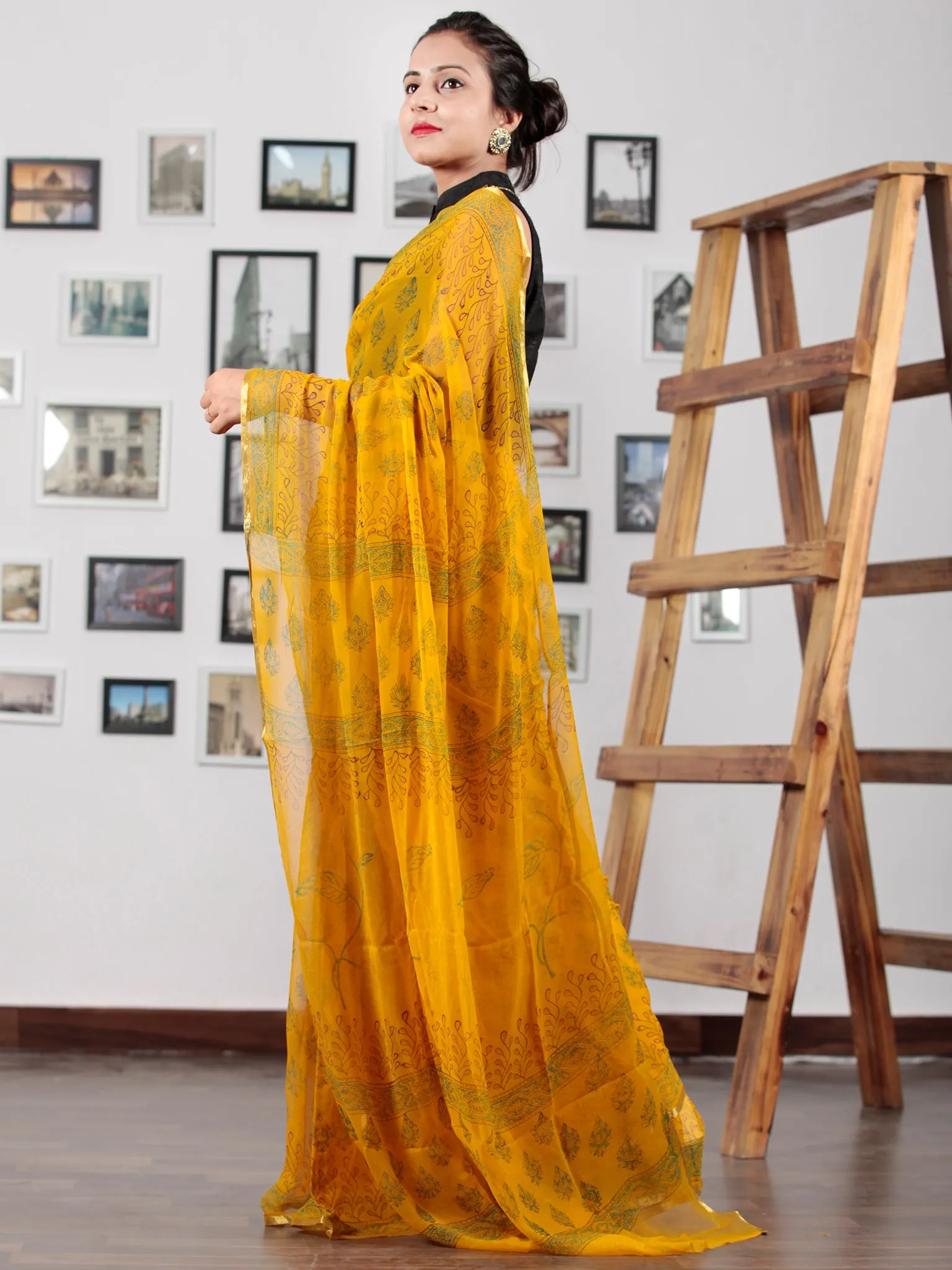 Golden Yellow Green Hand Block Printed Chiffon Saree with Zari Border - S031702750