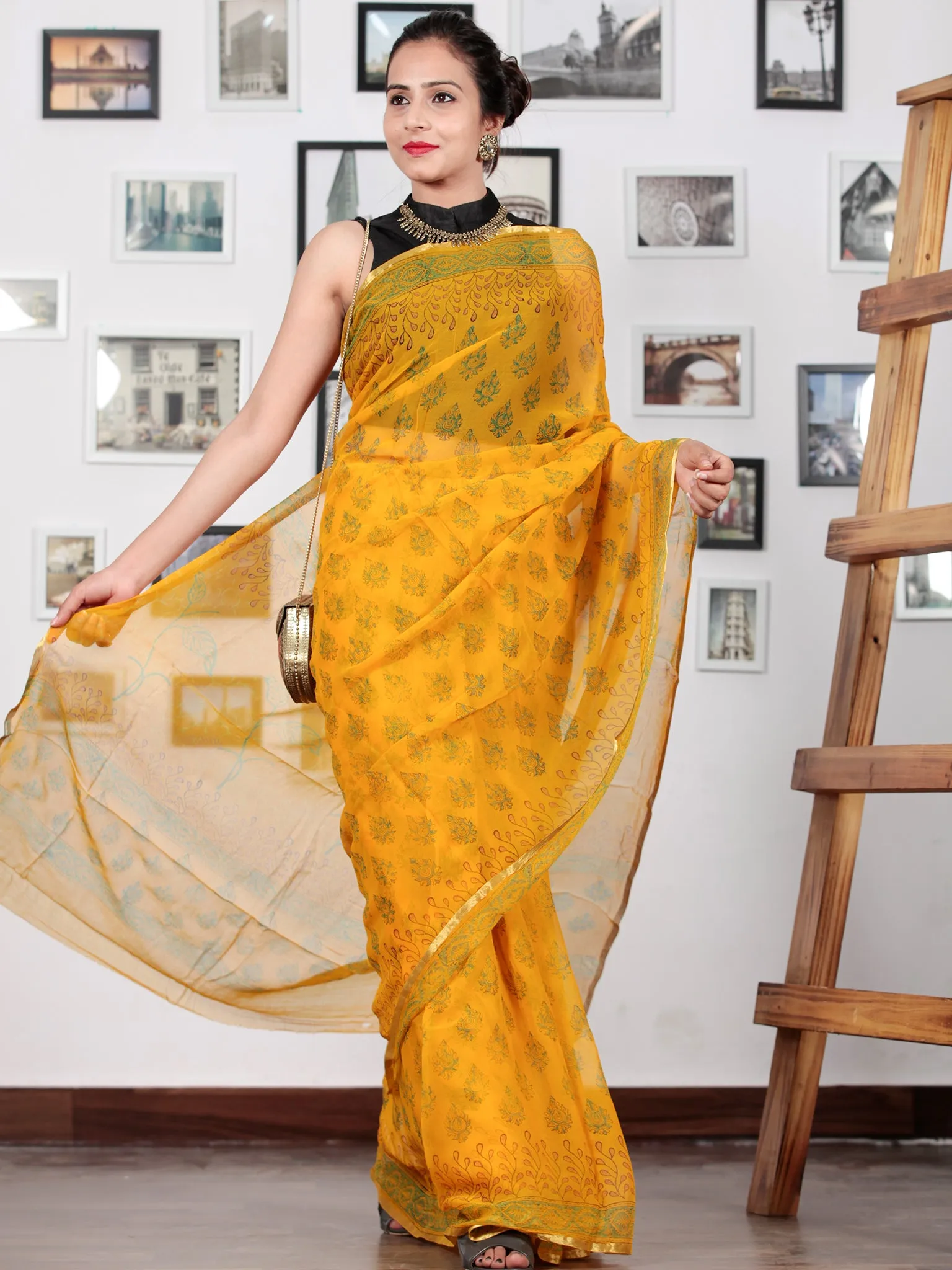 Golden Yellow Green Hand Block Printed Chiffon Saree with Zari Border - S031702750