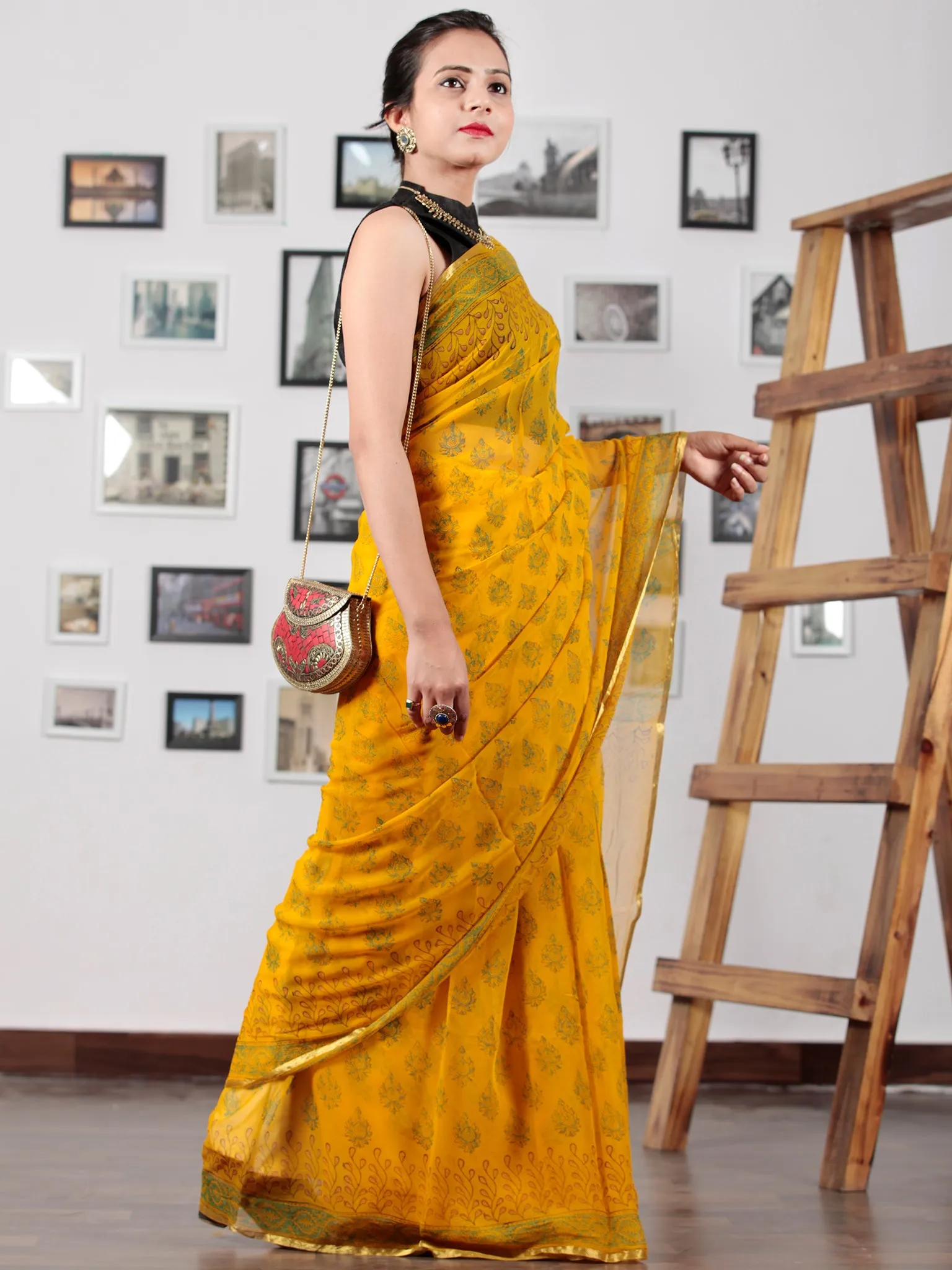 Golden Yellow Green Hand Block Printed Chiffon Saree with Zari Border - S031702750