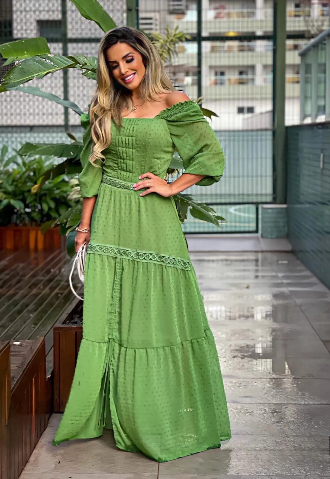 Green Guipure Lace Maxi Dress