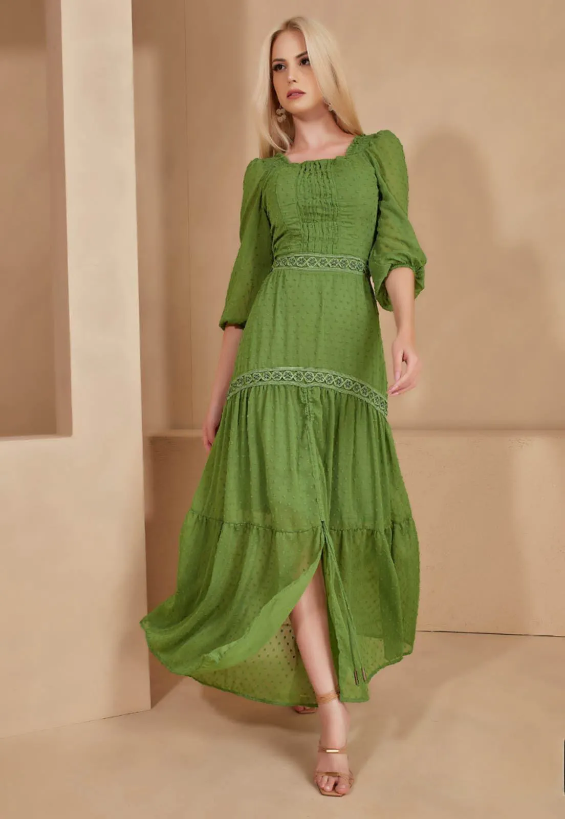 Green Guipure Lace Maxi Dress