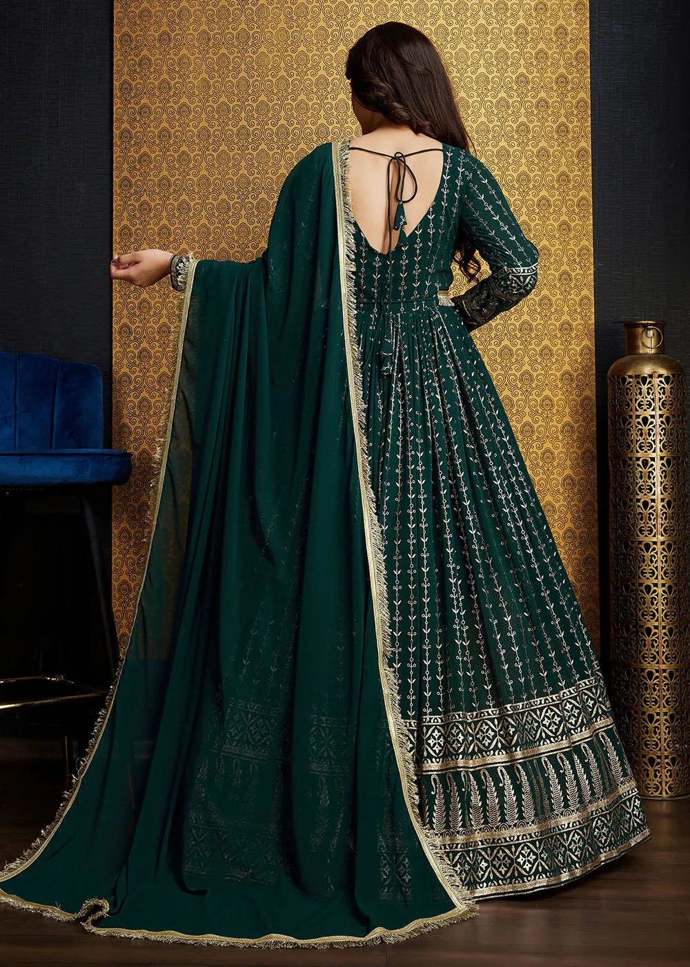 Green Metalic Foil Work Embroidered Wedding Wear Gown