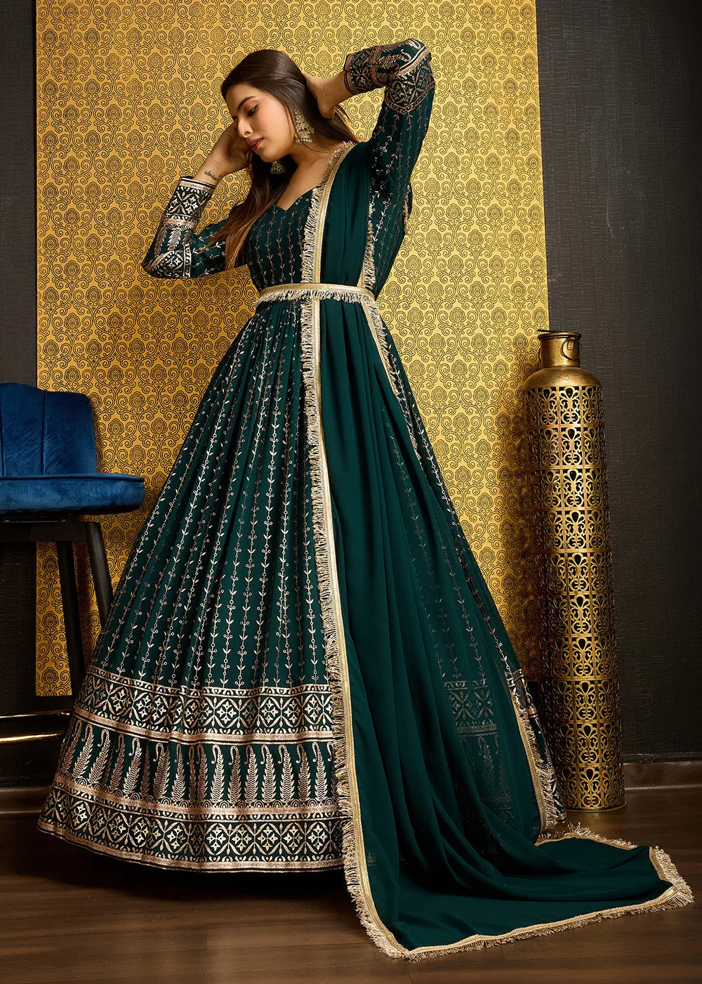 Green Metalic Foil Work Embroidered Wedding Wear Gown