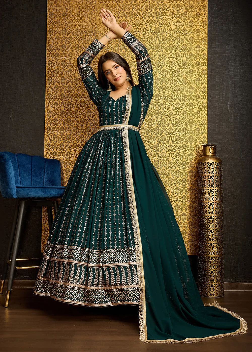 Green Metalic Foil Work Embroidered Wedding Wear Gown