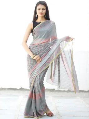 Grey Coral Hand Block Printed Chiffon Saree with Zari Border - S031703966