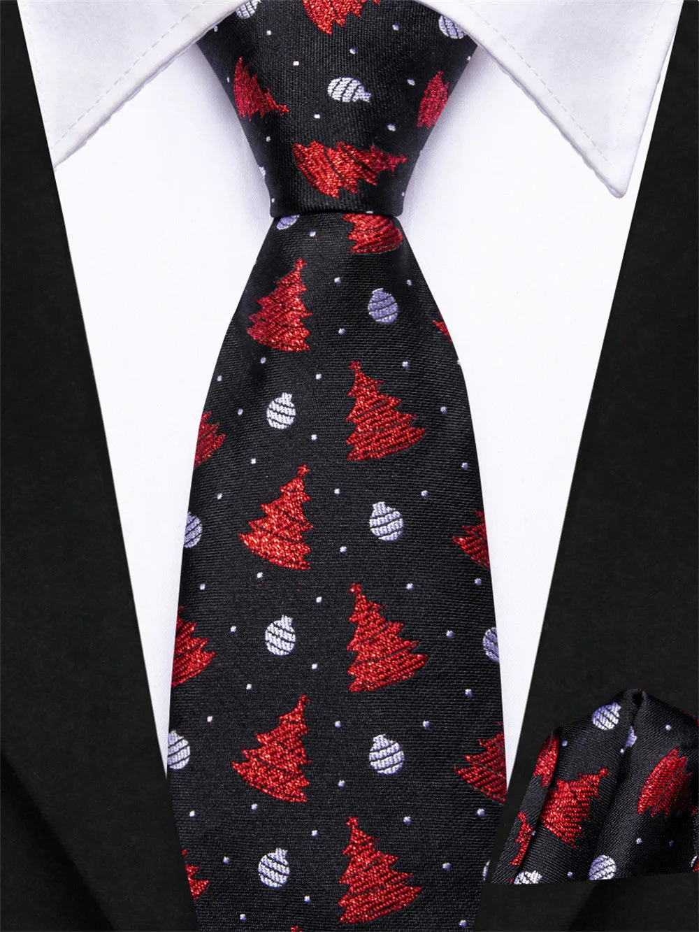 Hi-Tie Kids Pre-Tied Adjustable Tie Black Red Tree Christmas Necktie Pocket Square Set