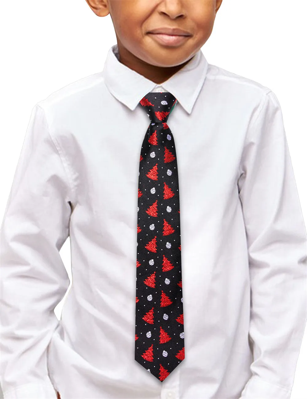 Hi-Tie Kids Pre-Tied Adjustable Tie Black Red Tree Christmas Necktie Pocket Square Set