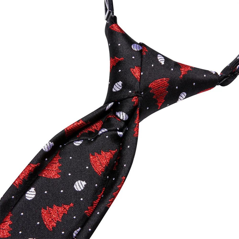 Hi-Tie Kids Pre-Tied Adjustable Tie Black Red Tree Christmas Necktie Pocket Square Set