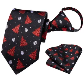 Hi-Tie Kids Pre-Tied Adjustable Tie Black Red Tree Christmas Necktie Pocket Square Set