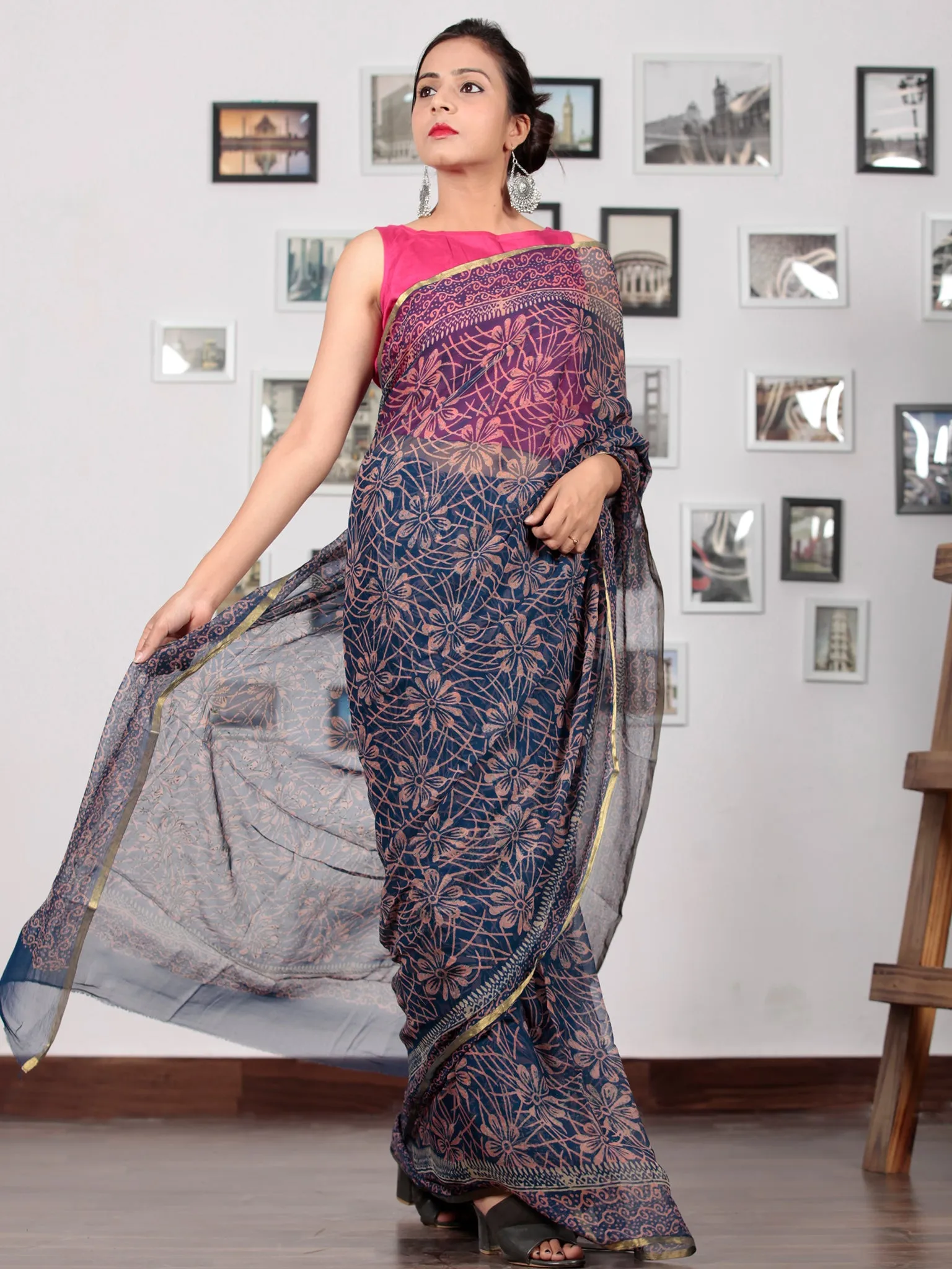 Indigo Coral Hand Block Printed Chiffon Saree with Zari Border - S031702761