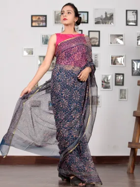 Indigo Coral Hand Block Printed Chiffon Saree with Zari Border - S031702761