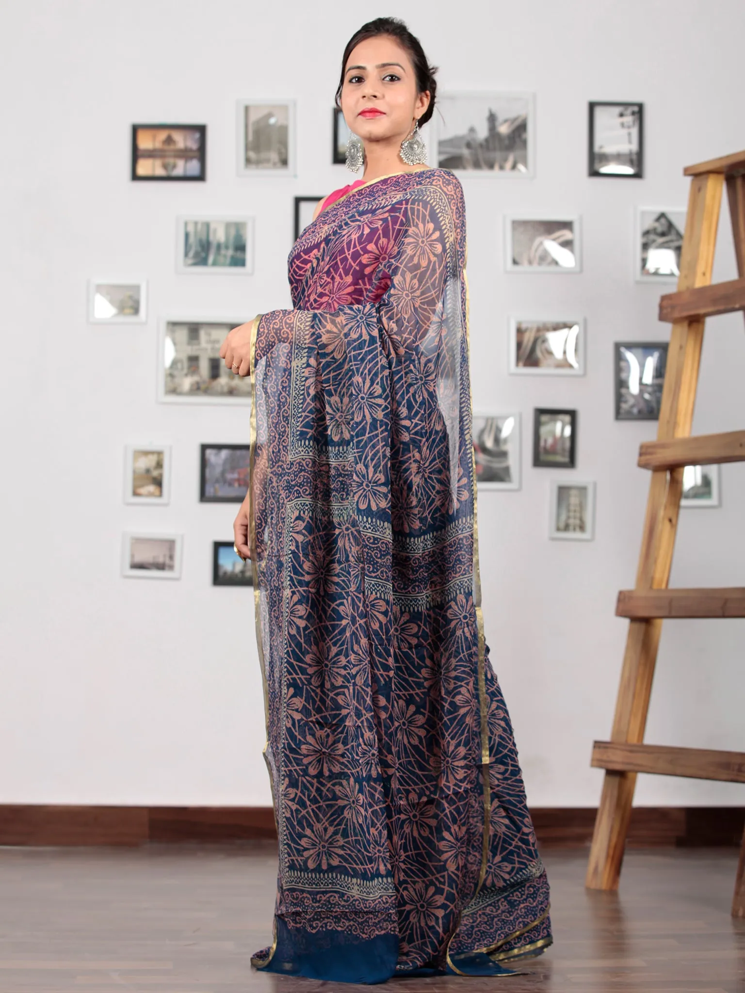 Indigo Coral Hand Block Printed Chiffon Saree with Zari Border - S031702761