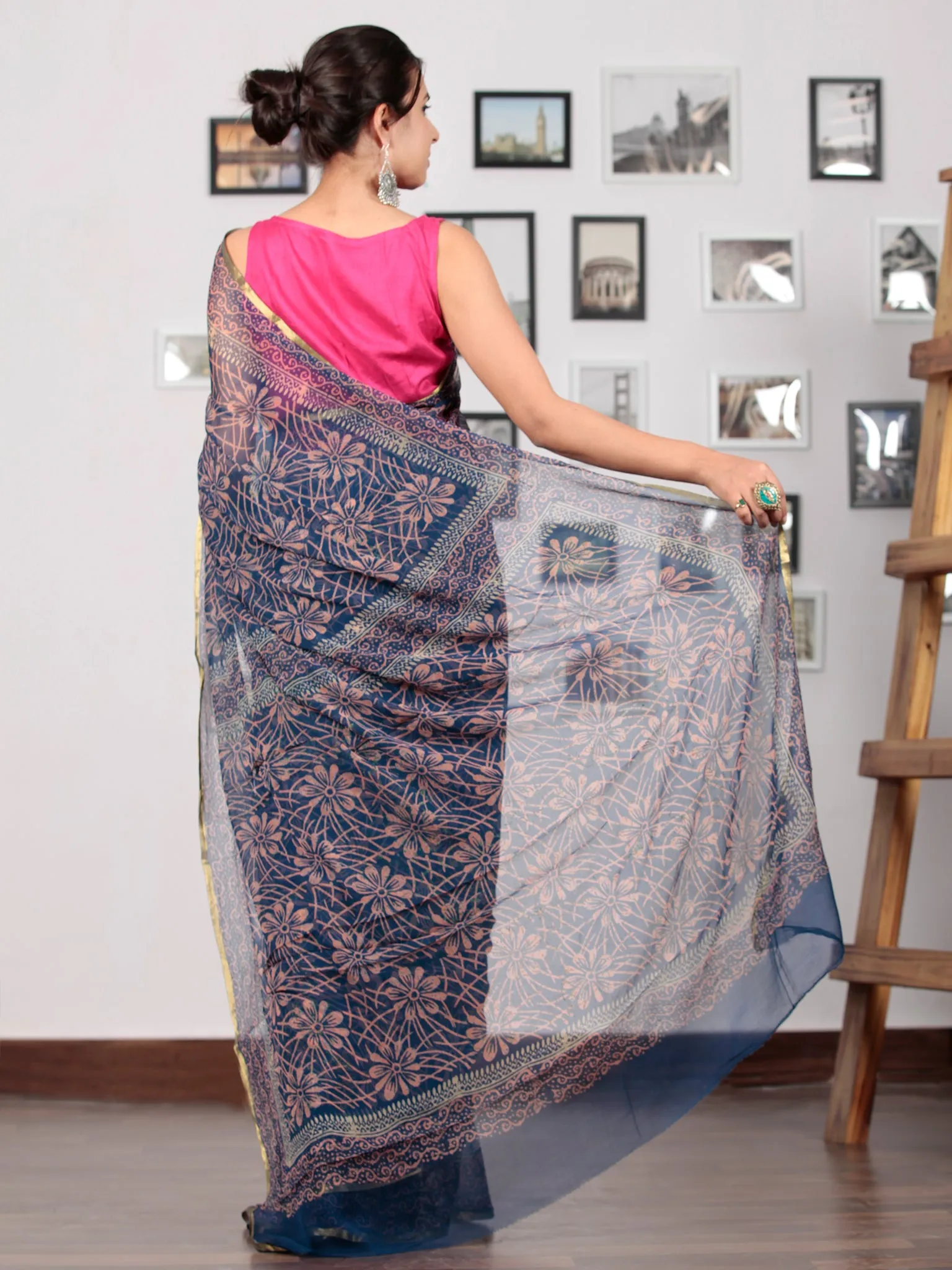 Indigo Coral Hand Block Printed Chiffon Saree with Zari Border - S031702761