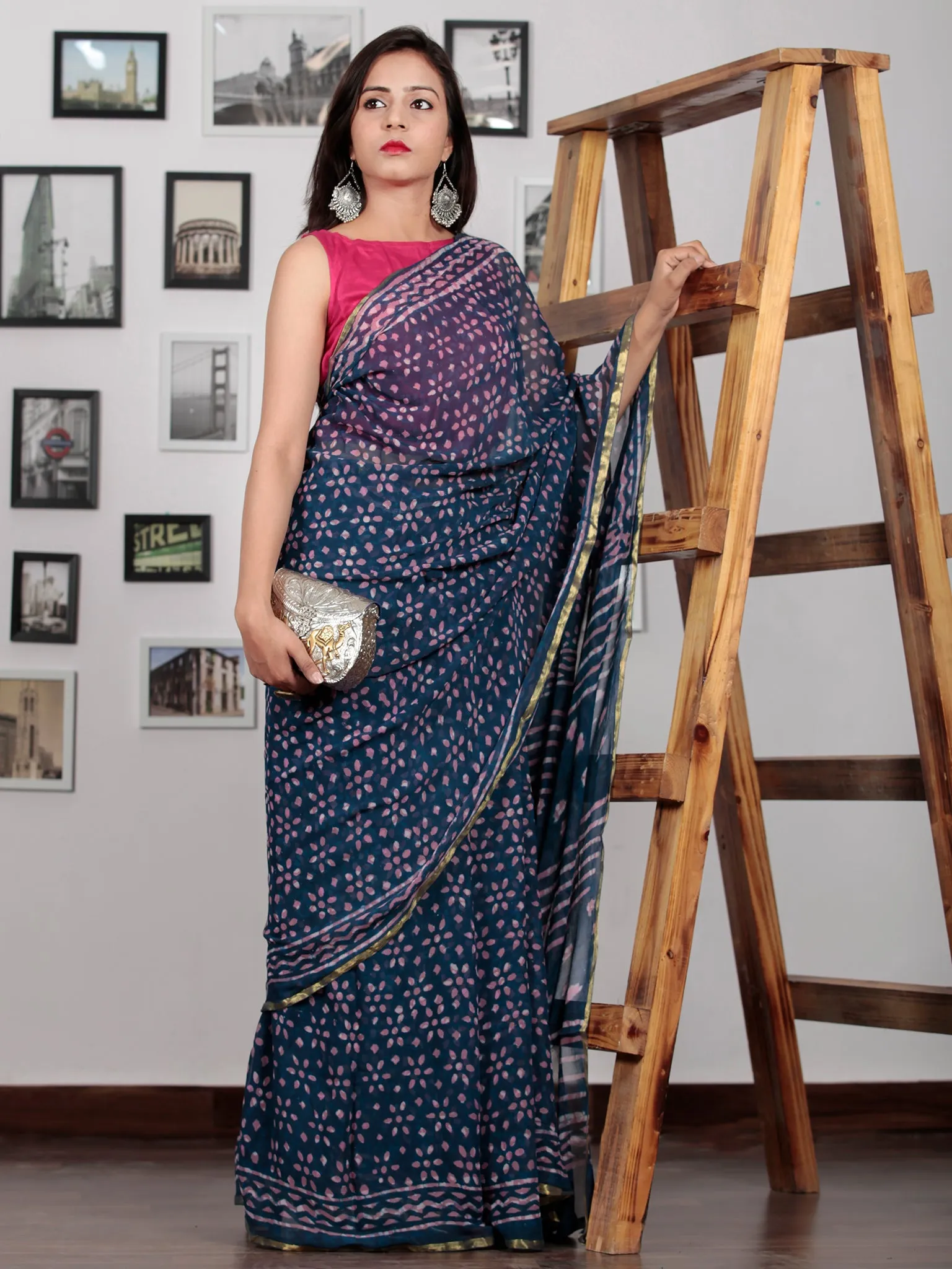 Indigo Ivory Lavender Hand Block Printed Chiffon Saree with Zari Border - S031702763