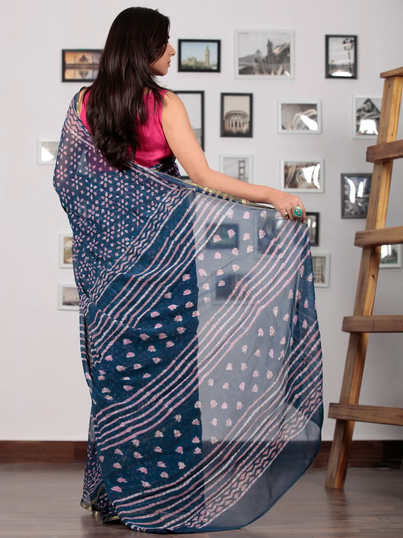 Indigo Ivory Lavender Hand Block Printed Chiffon Saree with Zari Border - S031702763