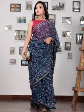 Indigo Ivory Lavender Hand Block Printed Chiffon Saree with Zari Border - S031702763