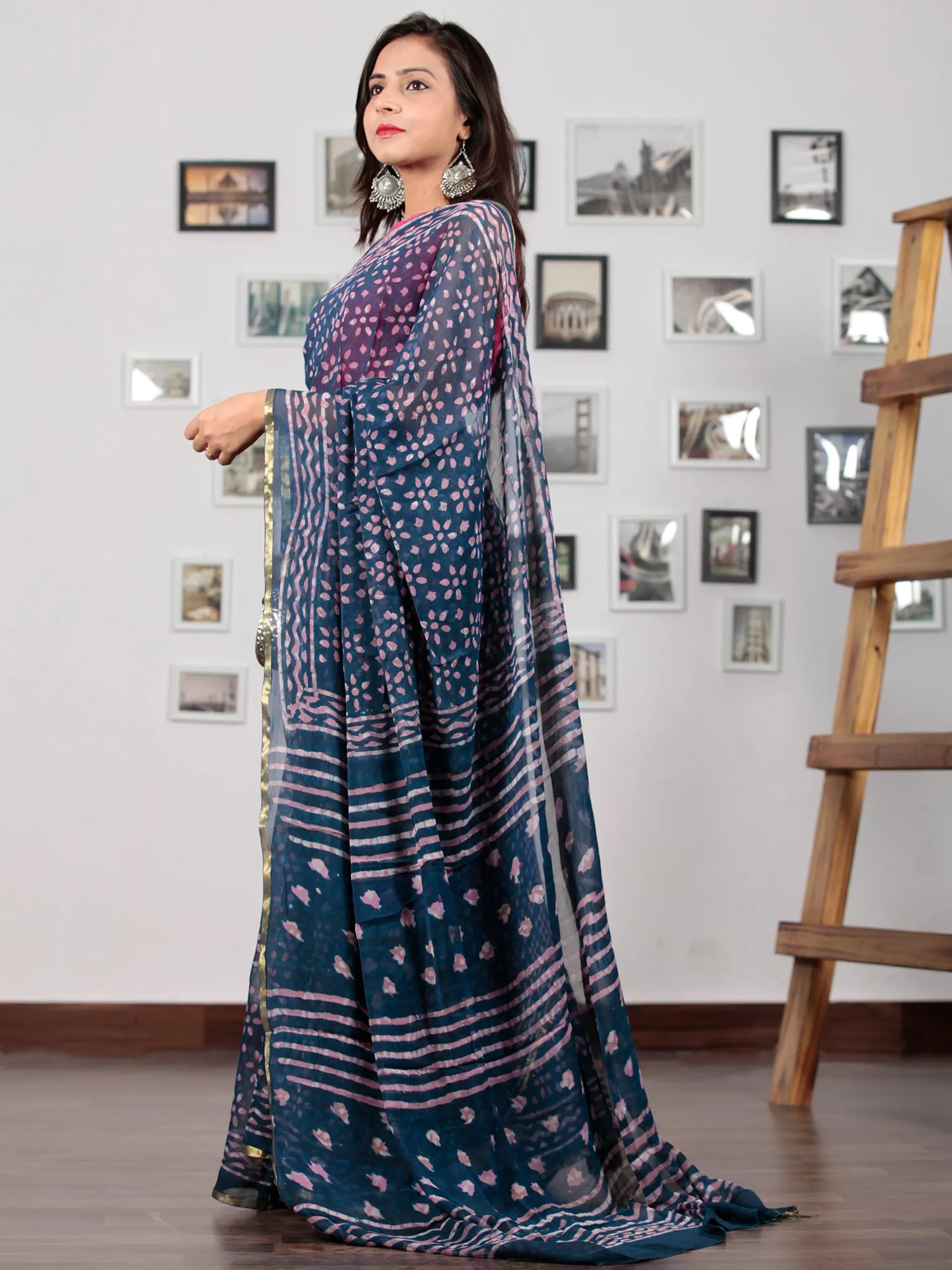 Indigo Ivory Lavender Hand Block Printed Chiffon Saree with Zari Border - S031702763