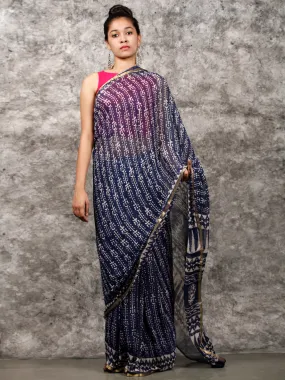 Indigo White Hand Block Printed Chiffon Saree with Zari Border - S031703160