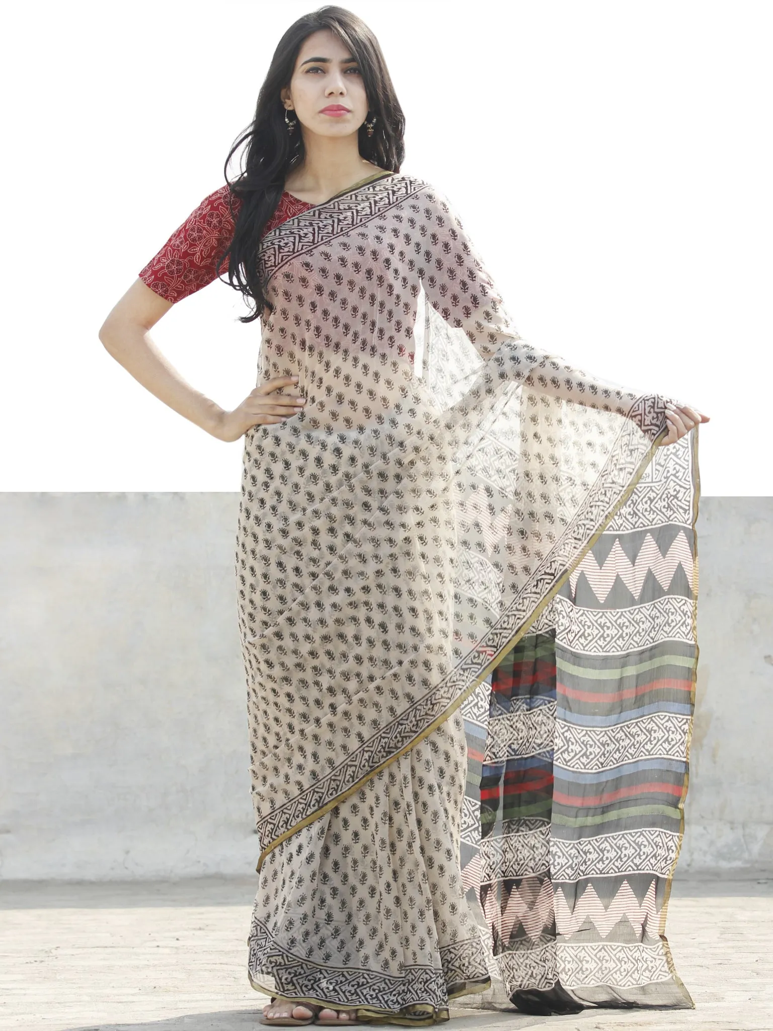 Ivory Black Hand Block Printed Chiffon Saree with zari border- S031702660