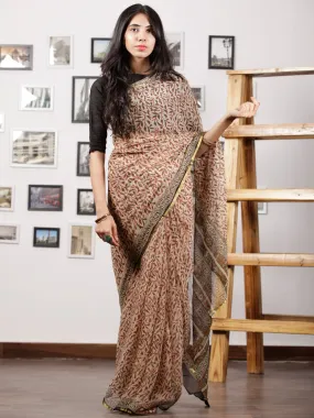 Ivory Black Red Green Hand Block Printed Chiffon Saree with Zari Border - S031702989