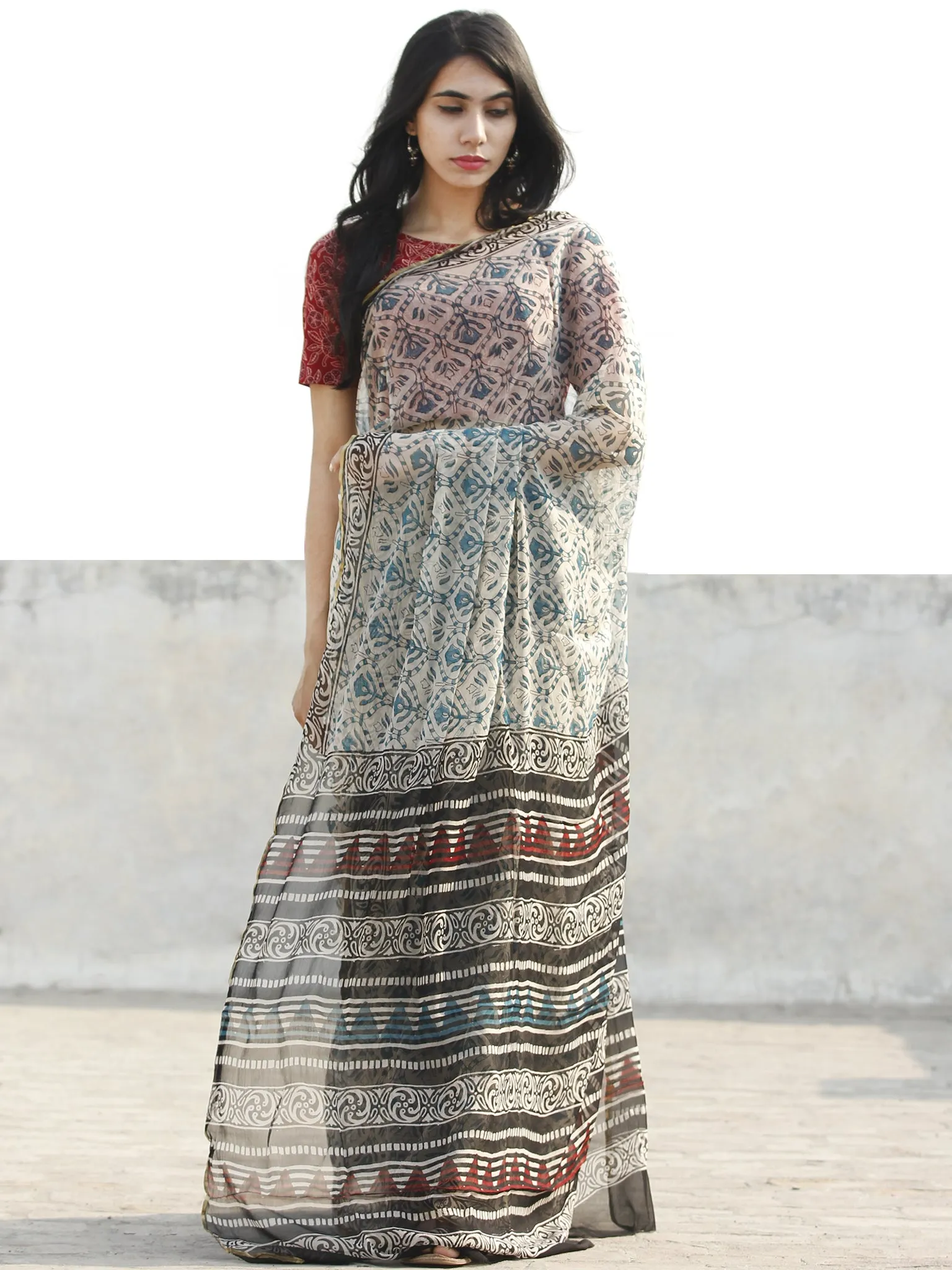 Ivory Blue Hand Block Printed Chiffon Saree with Zari border- S031702681