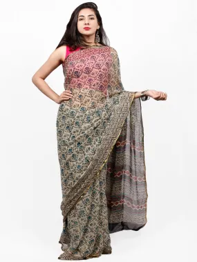 Ivory Teal Blue Black Hand Block Printed Chiffon Saree with Zari Border - S031703272