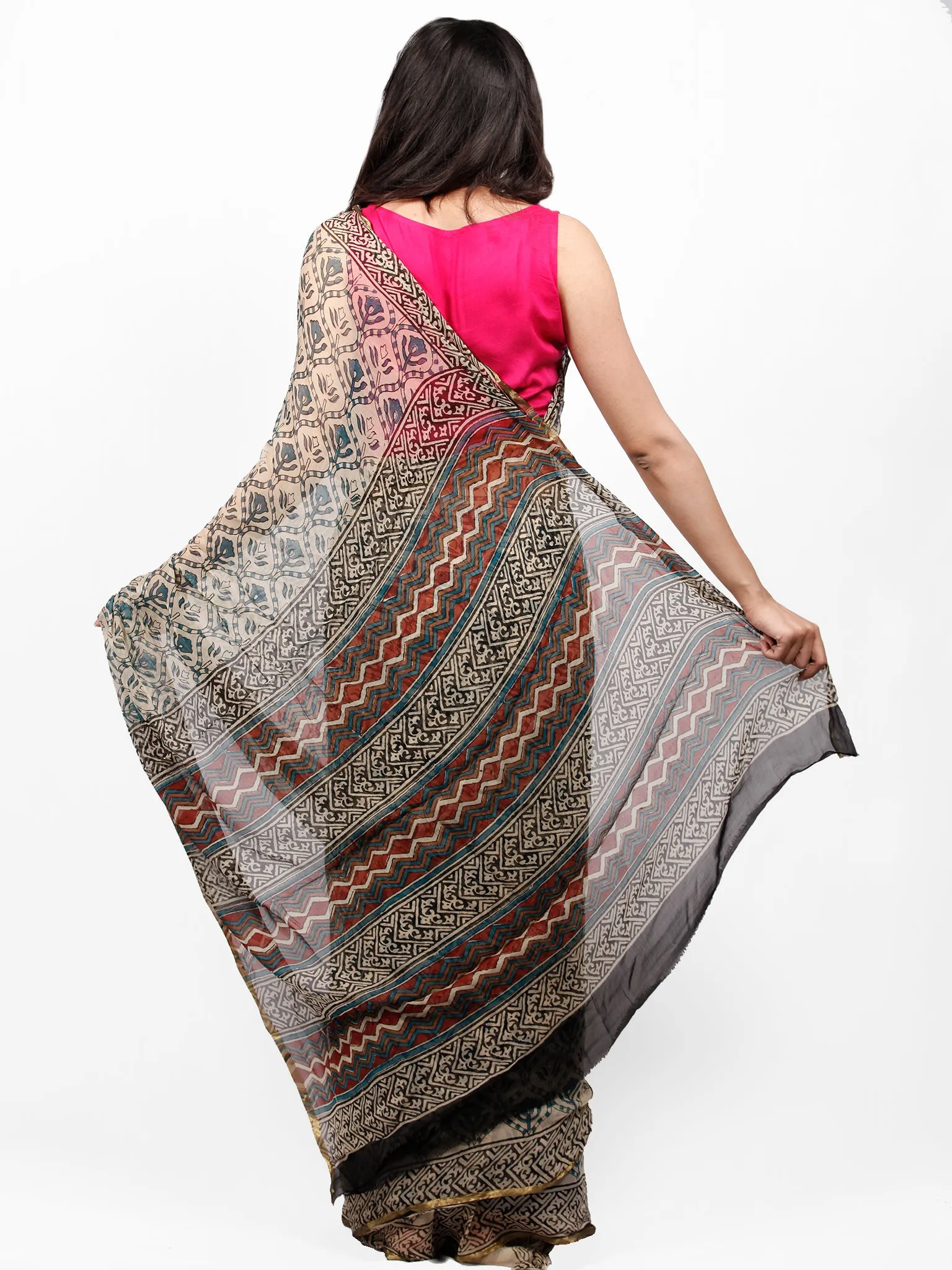 Ivory Teal Blue Black Hand Block Printed Chiffon Saree with Zari Border - S031703272