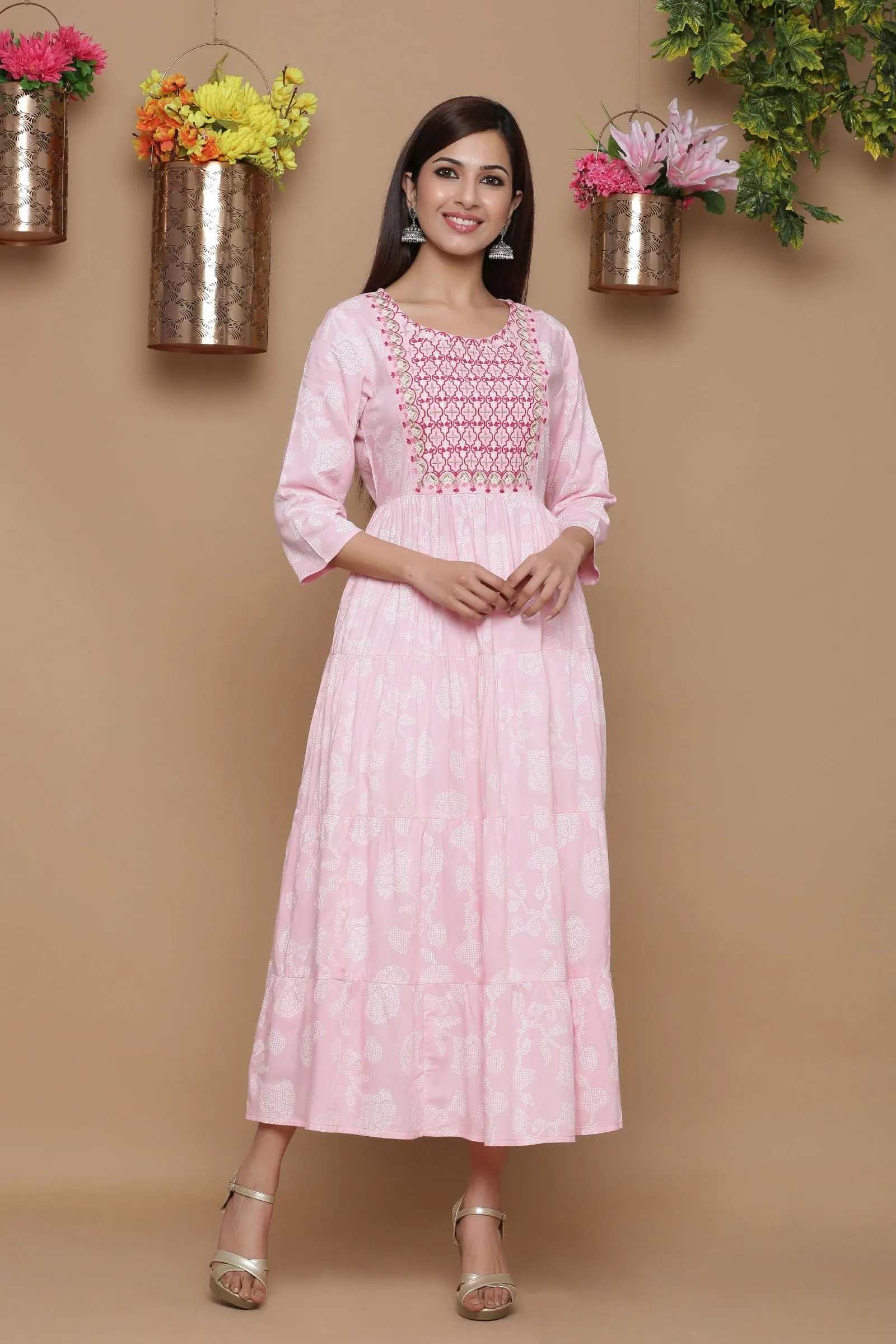 Jashvi Baby Pink Ethnic Motif Printed Rayon Tiered Maxi Dress With Mirror Work Embroidery