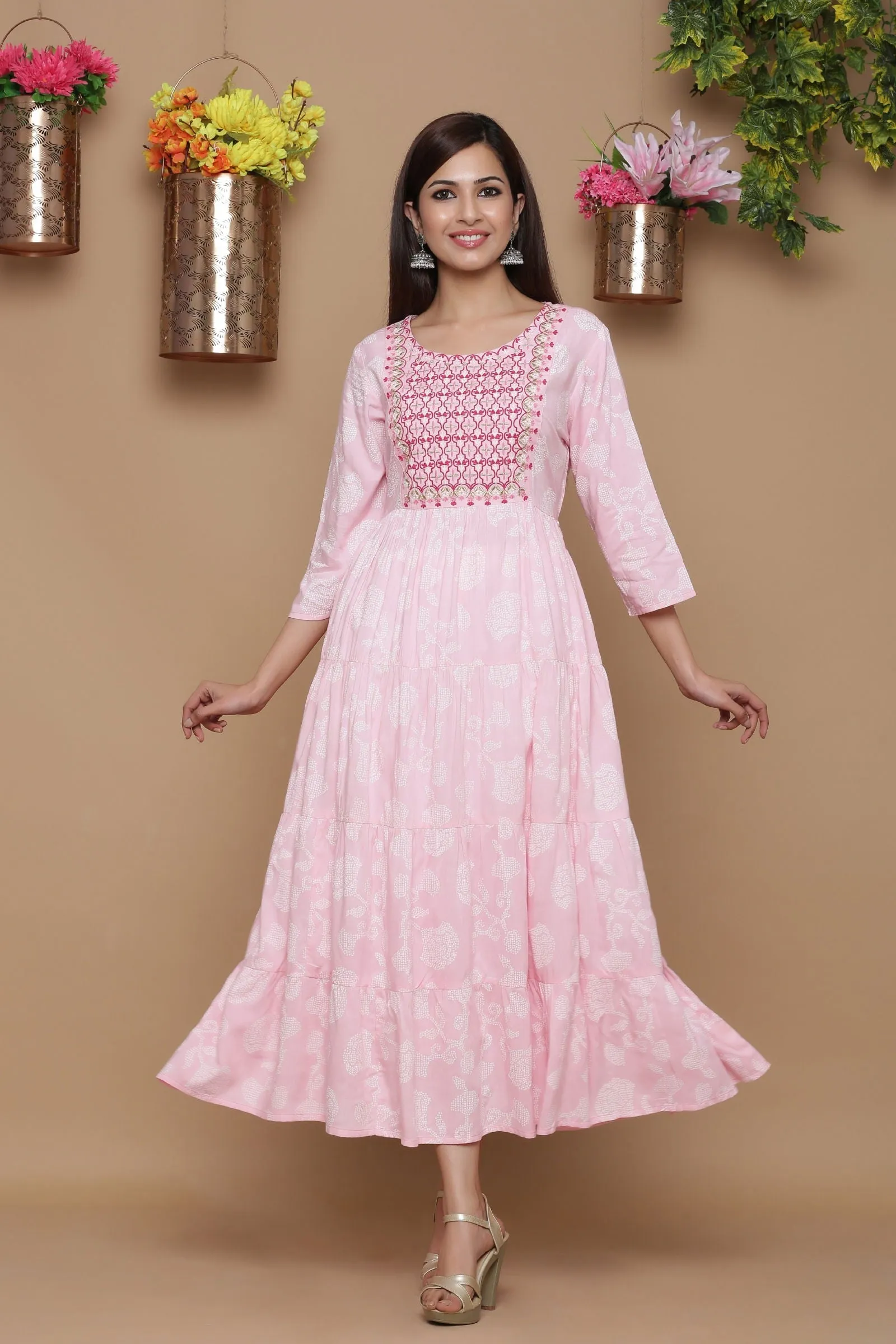 Jashvi Baby Pink Ethnic Motif Printed Rayon Tiered Maxi Dress With Mirror Work Embroidery