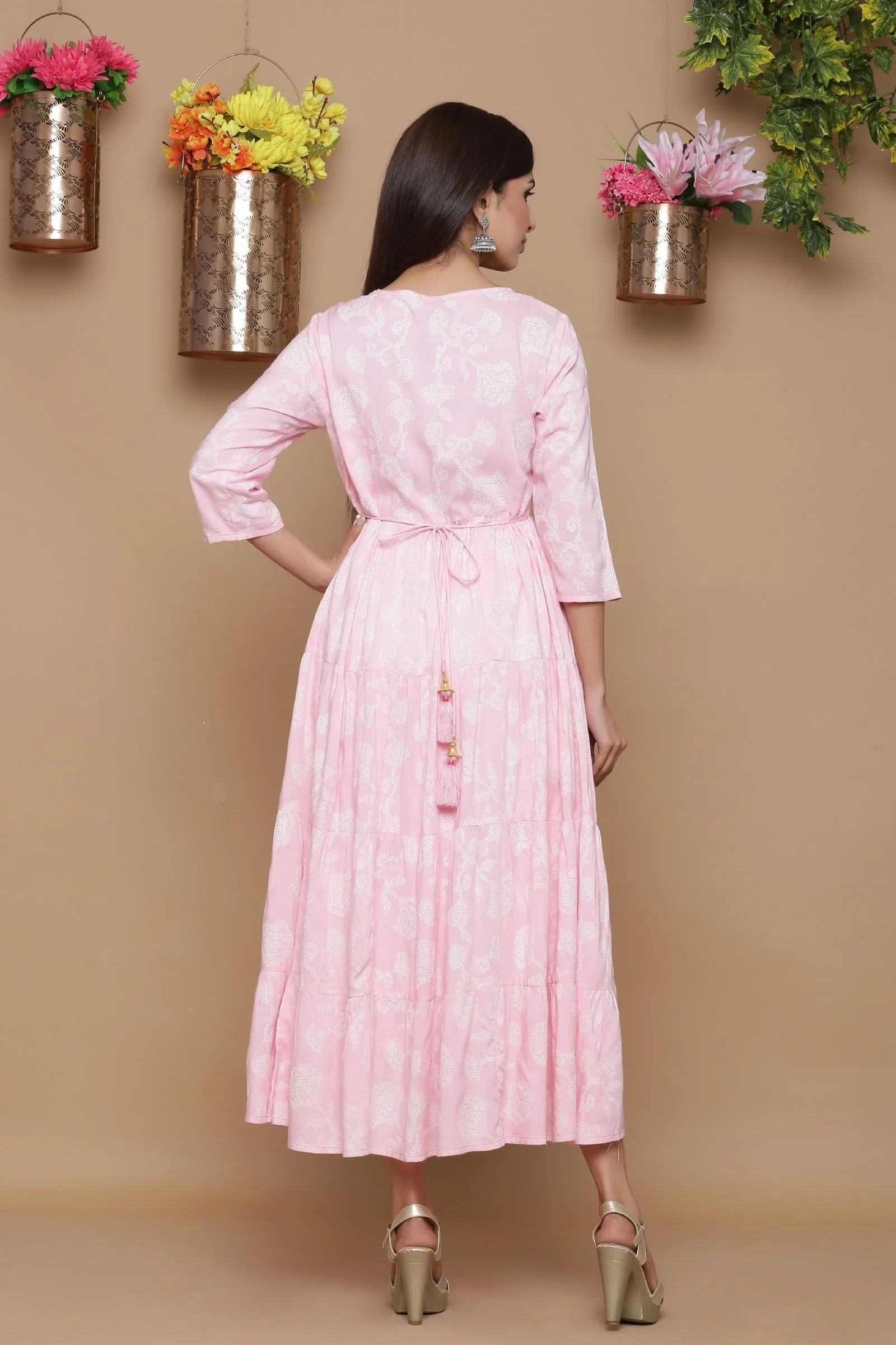 Jashvi Baby Pink Ethnic Motif Printed Rayon Tiered Maxi Dress With Mirror Work Embroidery