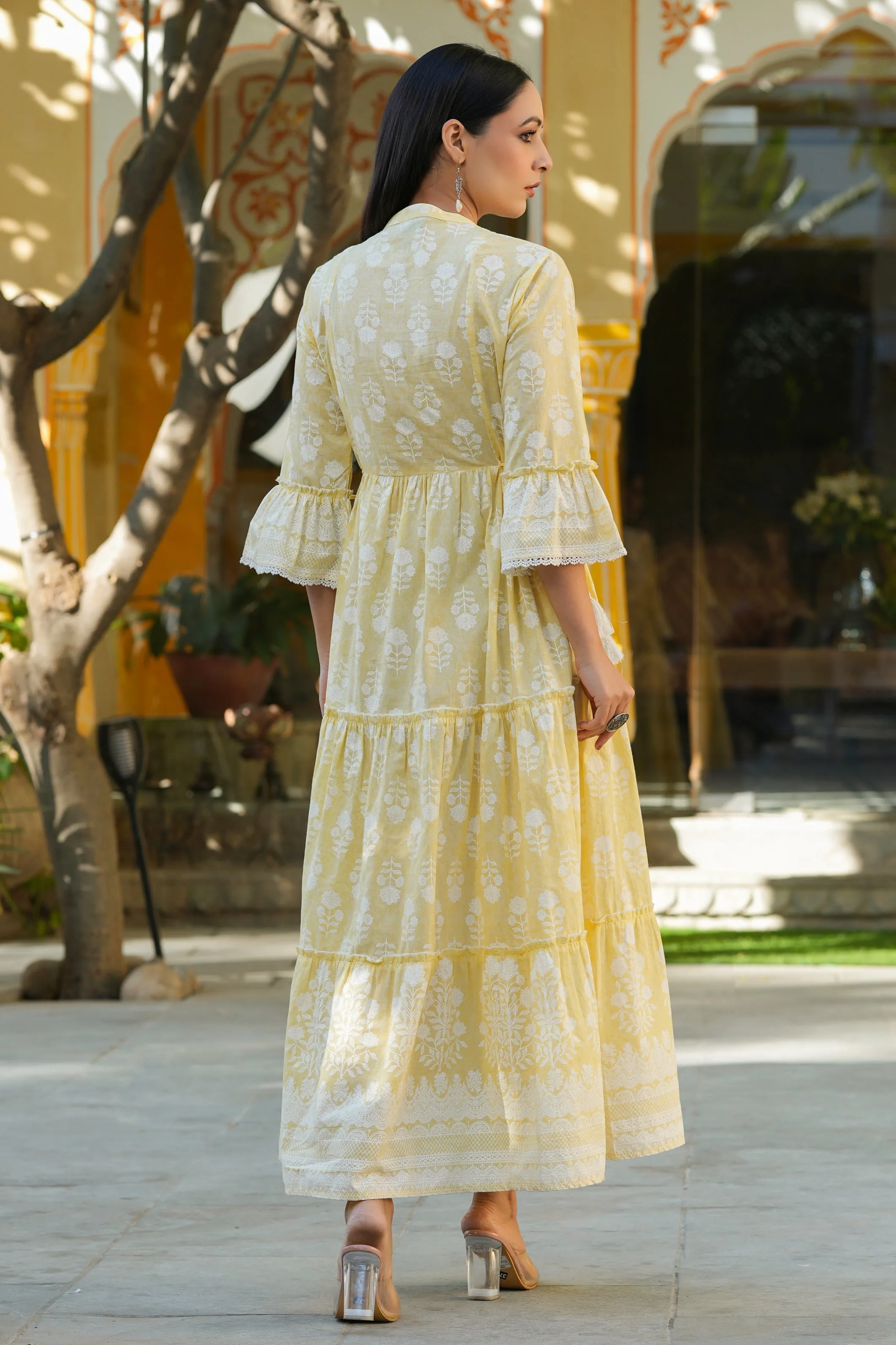 Jashvi Lemon Yellow Ethnic Motif Printed Pure Cotton Tiered Maxi Dress with Sequins work