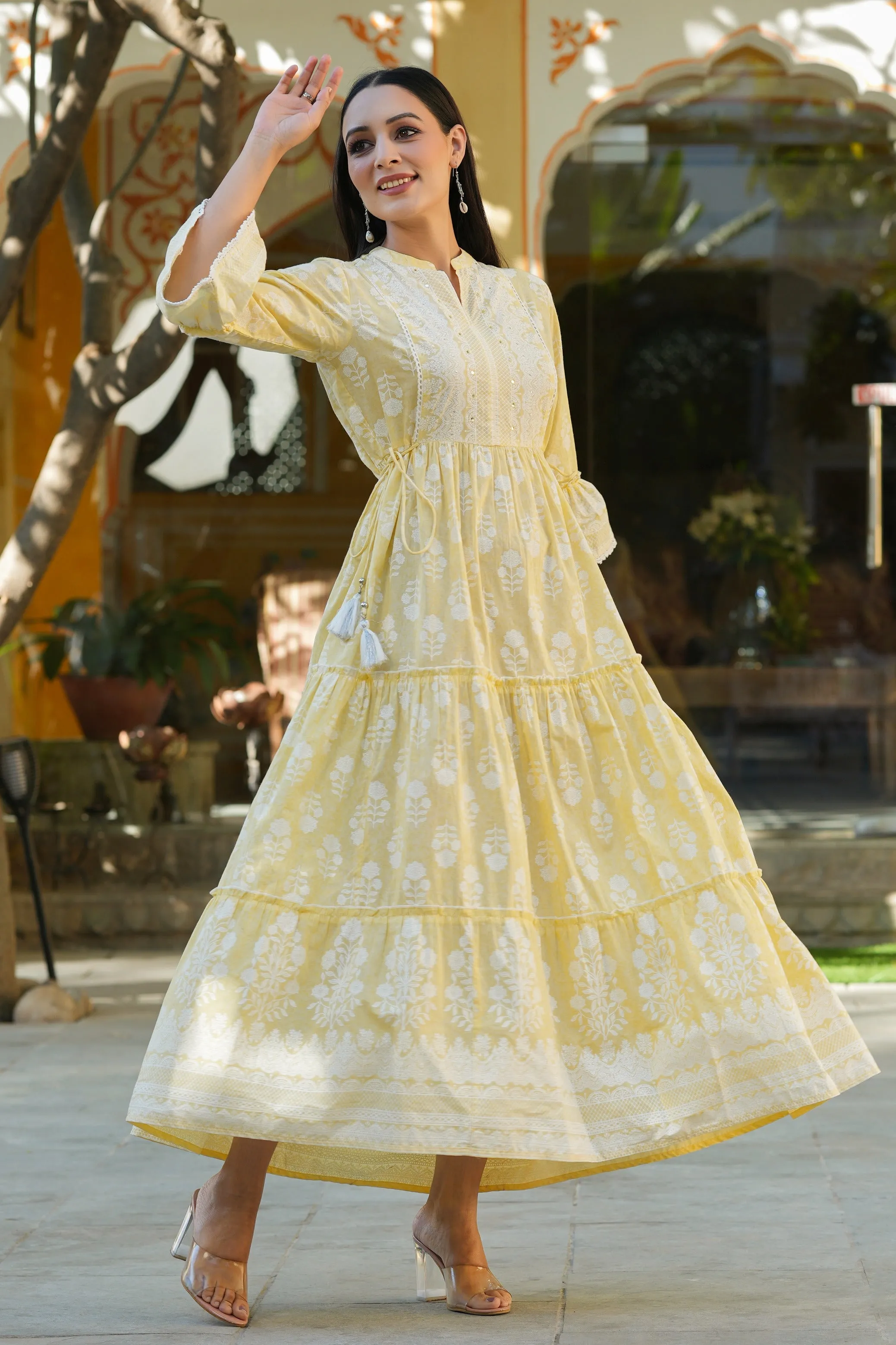 Jashvi Lemon Yellow Ethnic Motif Printed Pure Cotton Tiered Maxi Dress with Sequins work