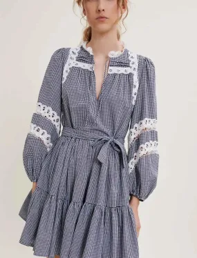 Lace-Trimmed Tiered Gingham Mini Dress