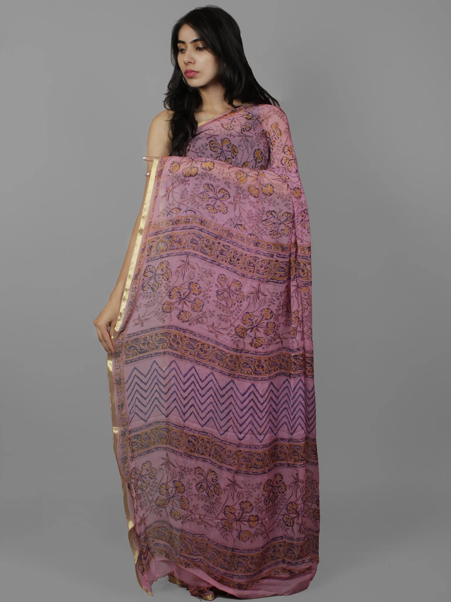 Lavender Mustard Blue Hand Block Printed Chiffon Saree - S031702118