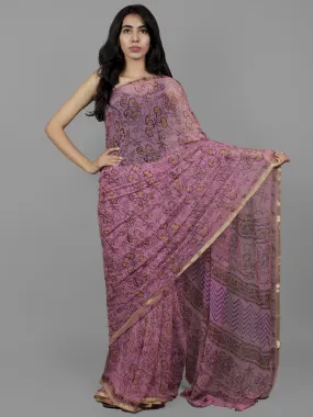 Lavender Mustard Blue Hand Block Printed Chiffon Saree - S031702118