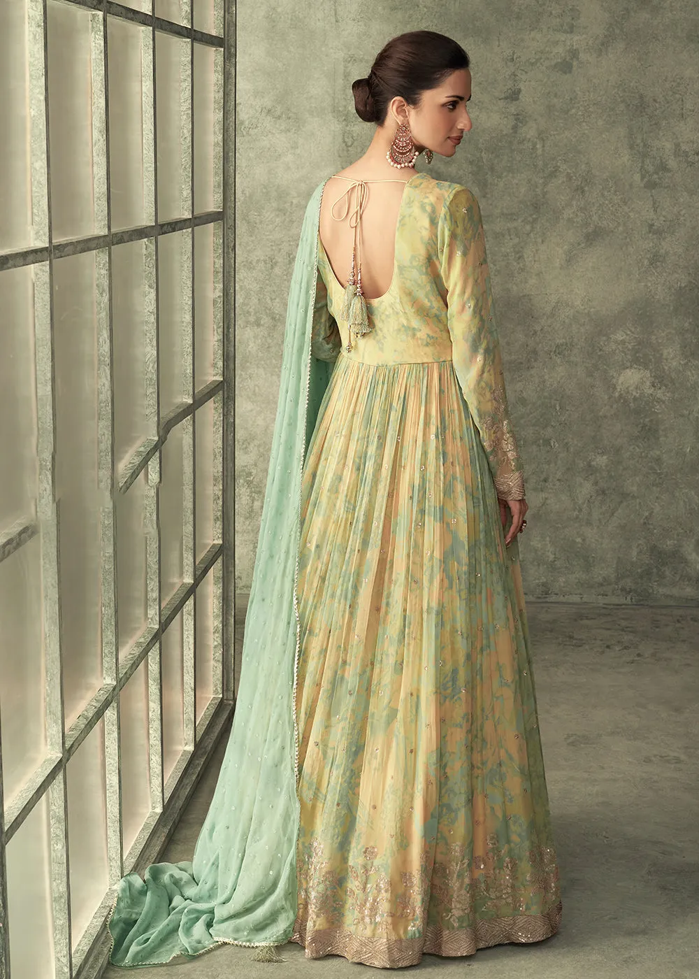 Light Yellow Georgette Embroidered Designer Wedding Gown