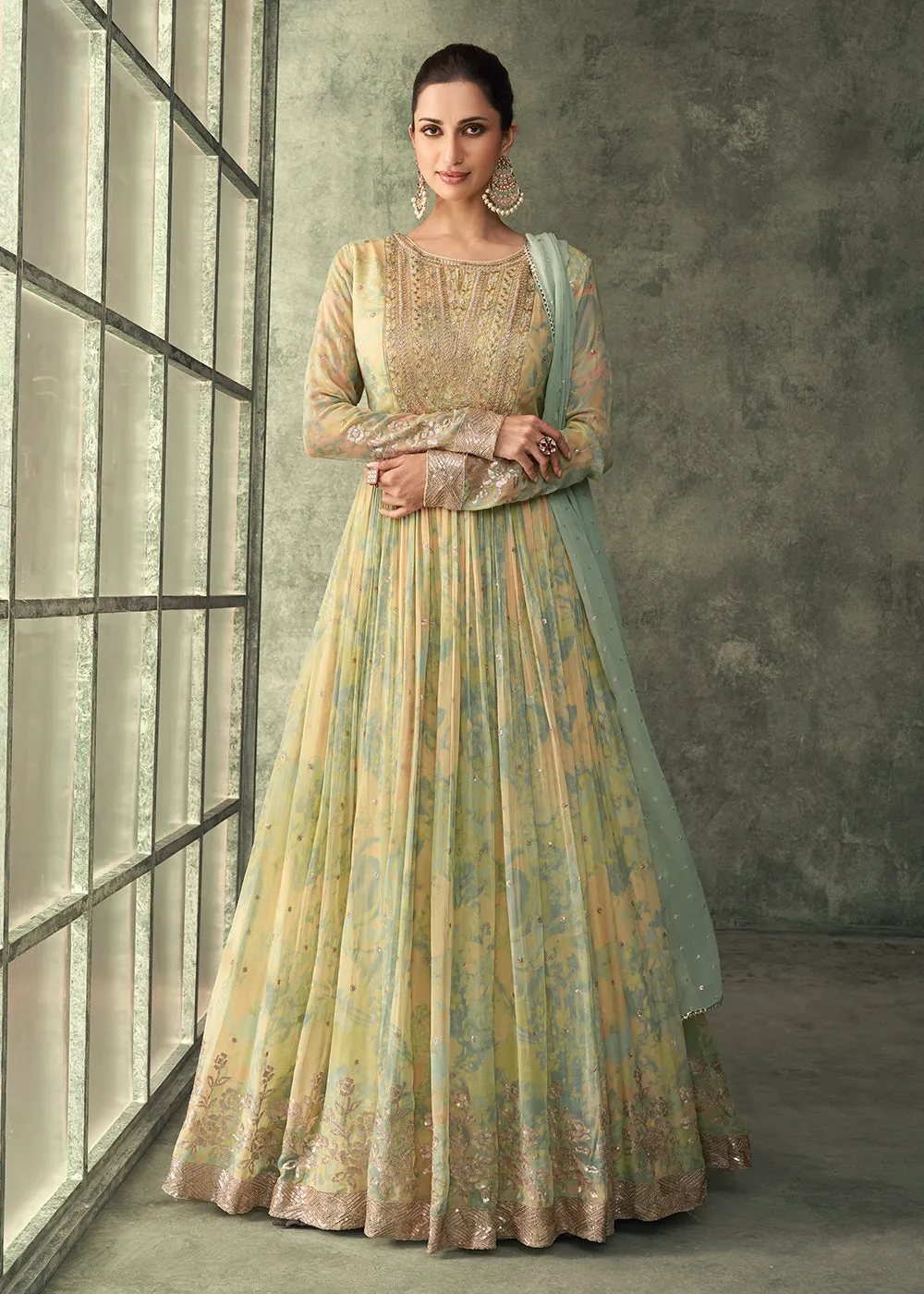 Light Yellow Georgette Embroidered Designer Wedding Gown