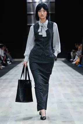 LOOK 5 - Dark Grey Chalk Stripe Aria Long Skirt With Matching Carla Vest   Grey Silk Blakely Blouse