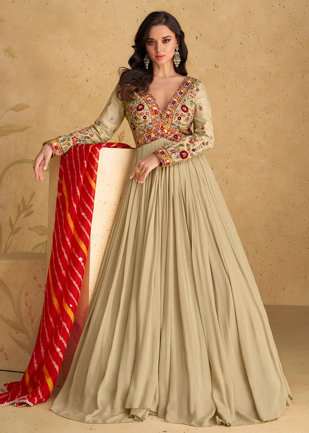 Lovely Embroidered Beige Wedding Party Anarkali Gown