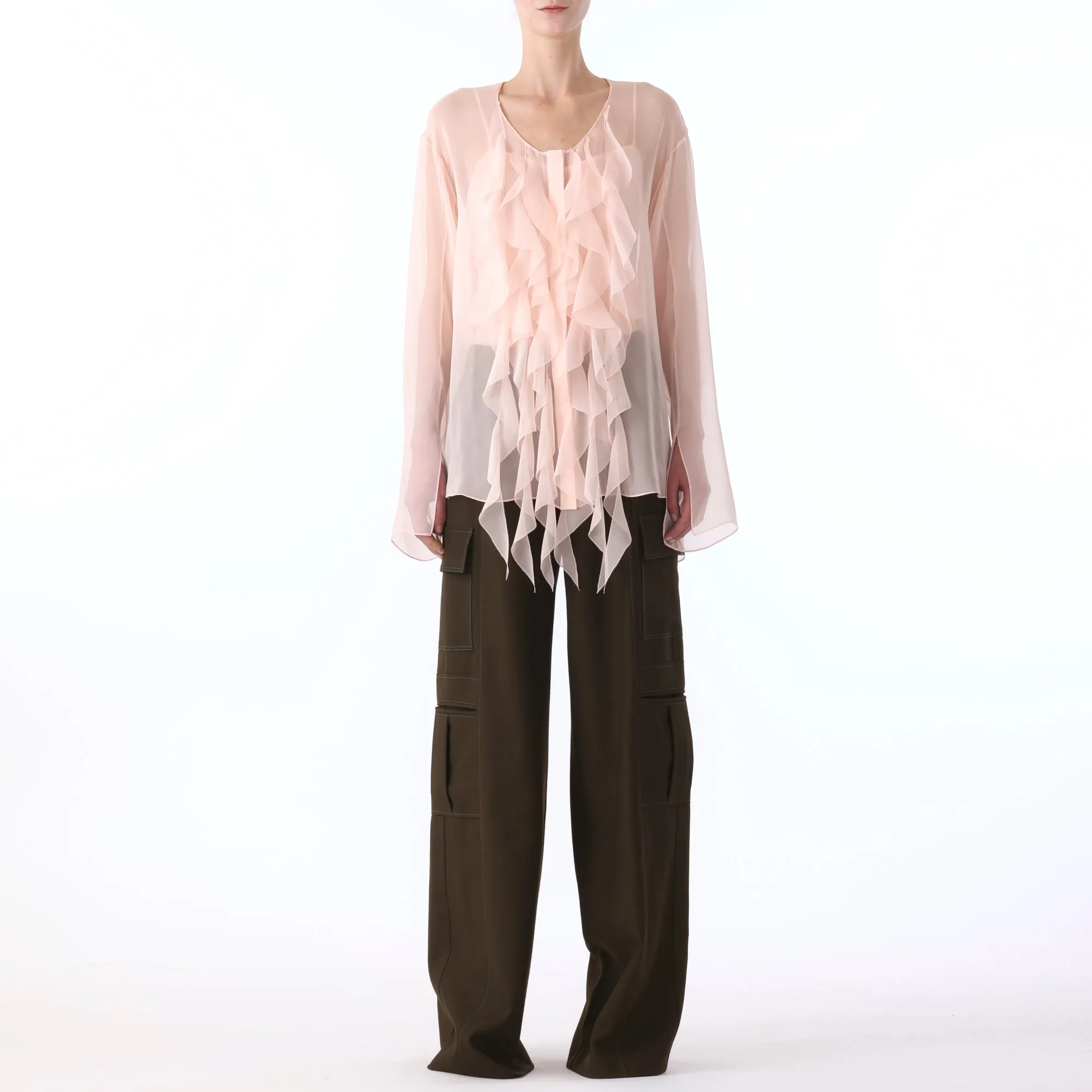 L/S CHIFFON BLOUSE W/ RUFFLE DETAIL