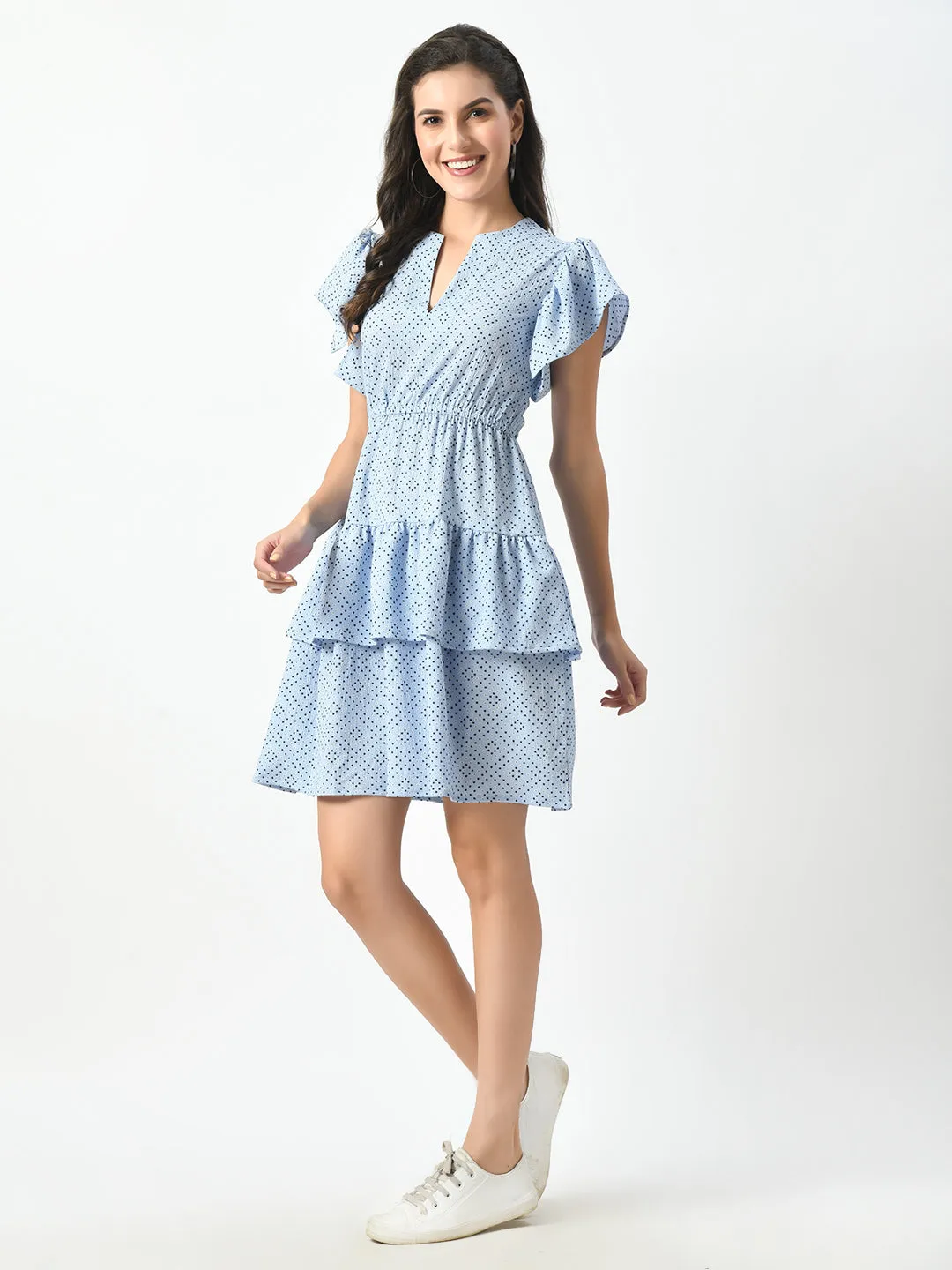 Luxurious Blue Tiered Mini Dress - Twisted V-Neck & Ruffled Sleeves