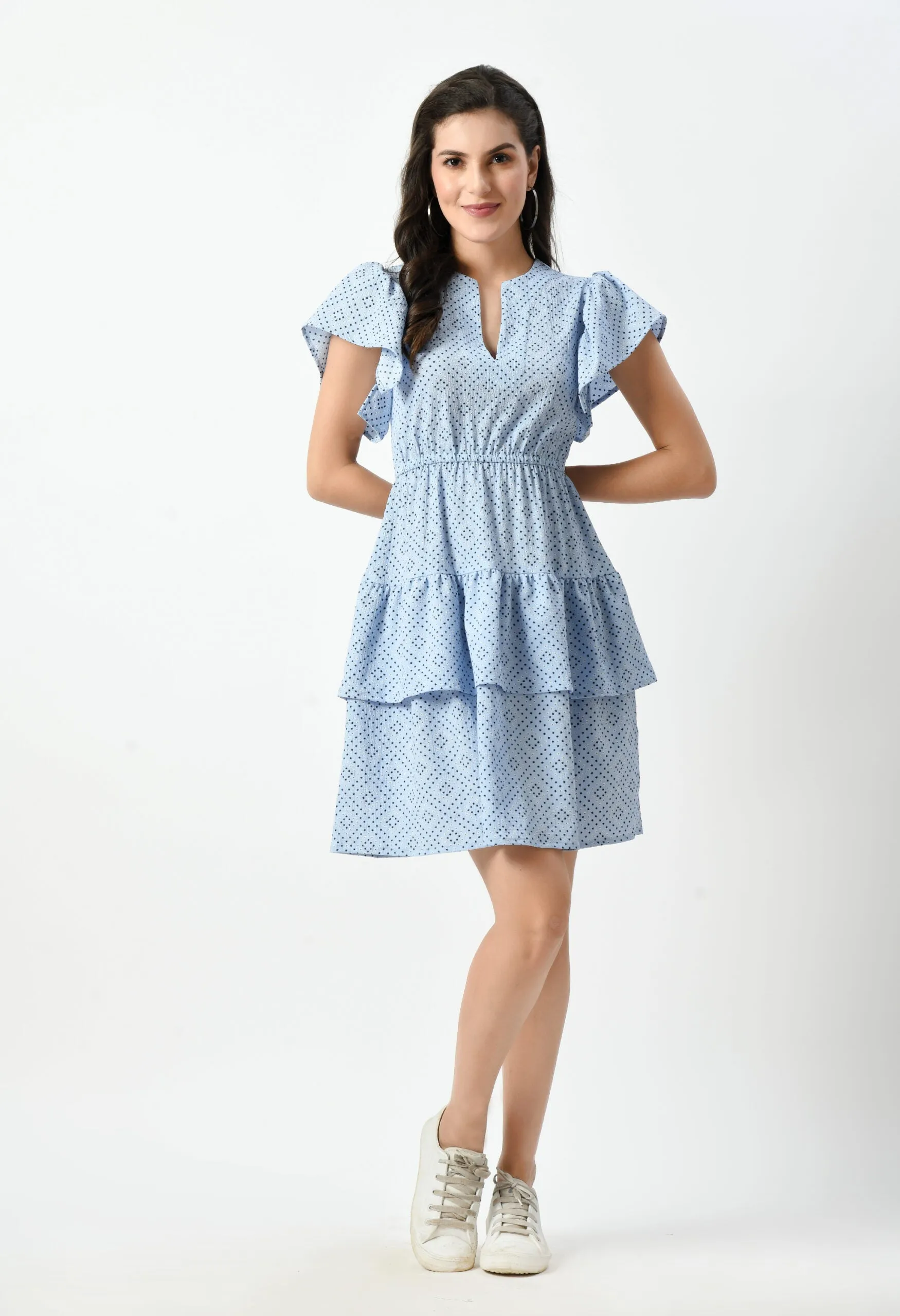 Luxurious Blue Tiered Mini Dress - Twisted V-Neck & Ruffled Sleeves