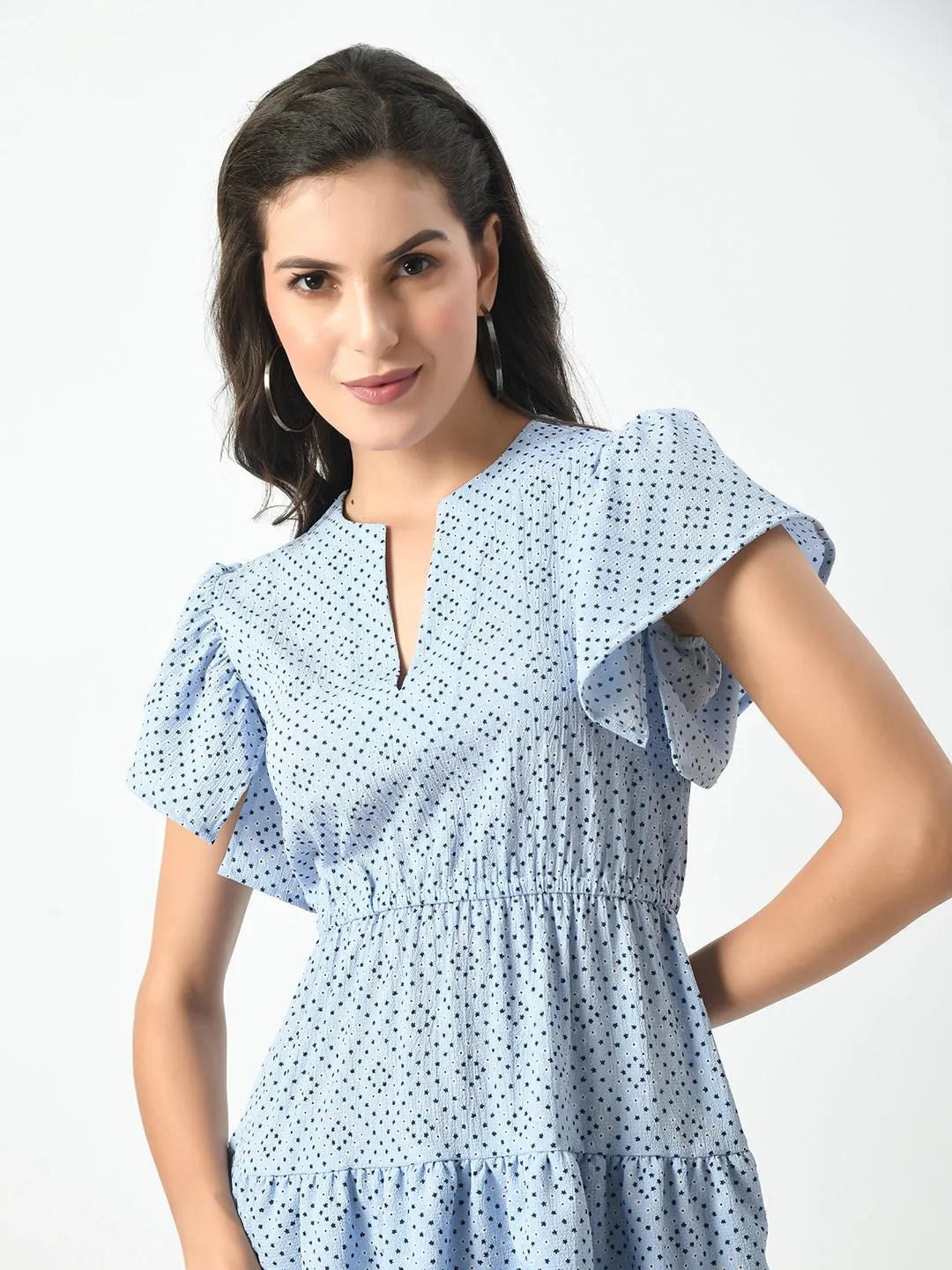 Luxurious Blue Tiered Mini Dress - Twisted V-Neck & Ruffled Sleeves