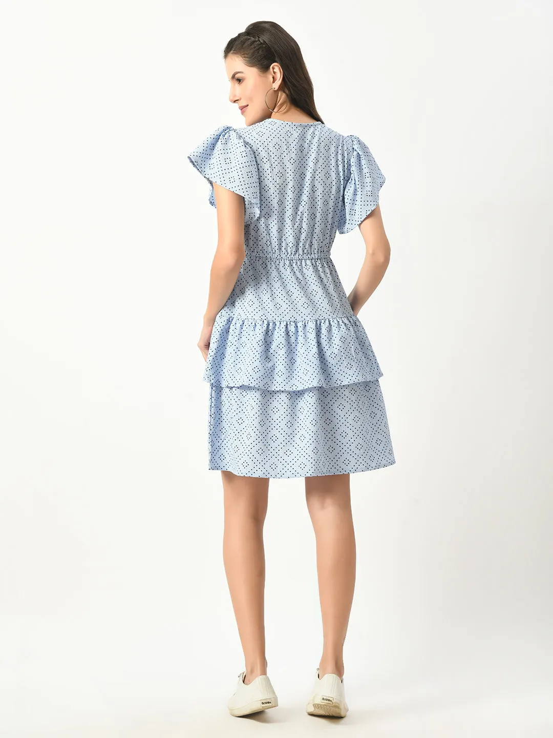 Luxurious Blue Tiered Mini Dress - Twisted V-Neck & Ruffled Sleeves