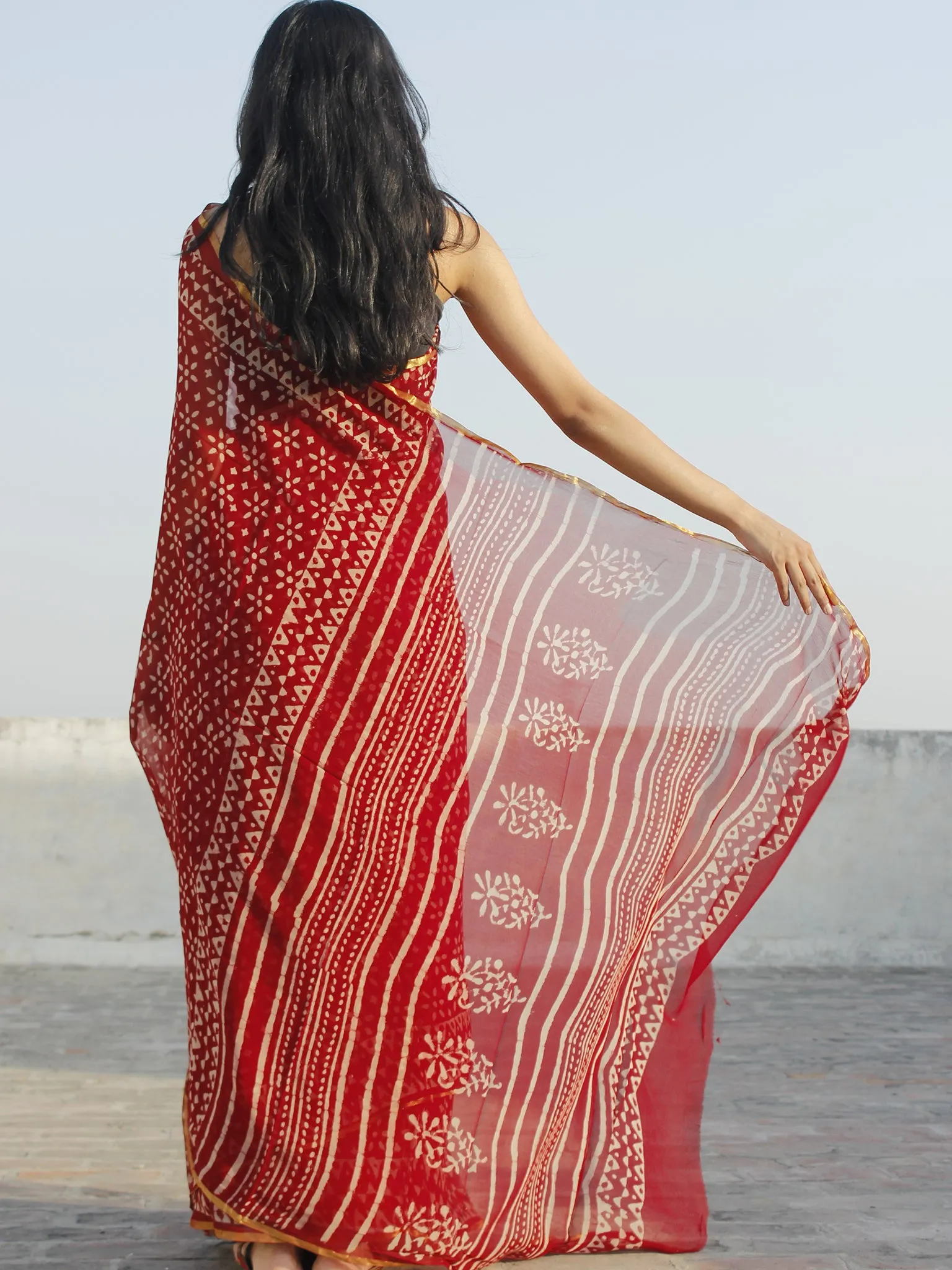 Maroon Ivory Hand Block Printed Chiffon Saree - S031702336