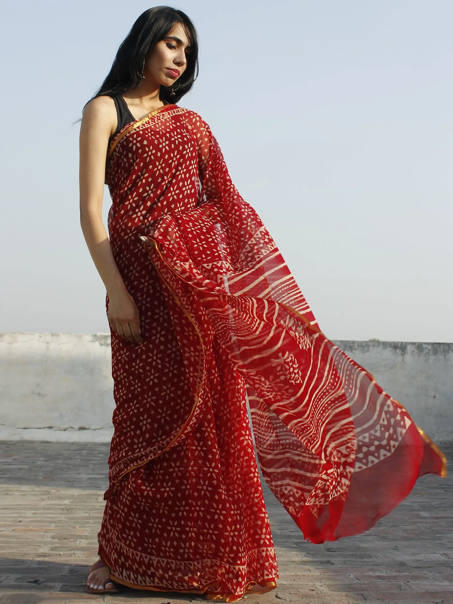 Maroon Ivory Hand Block Printed Chiffon Saree - S031702336