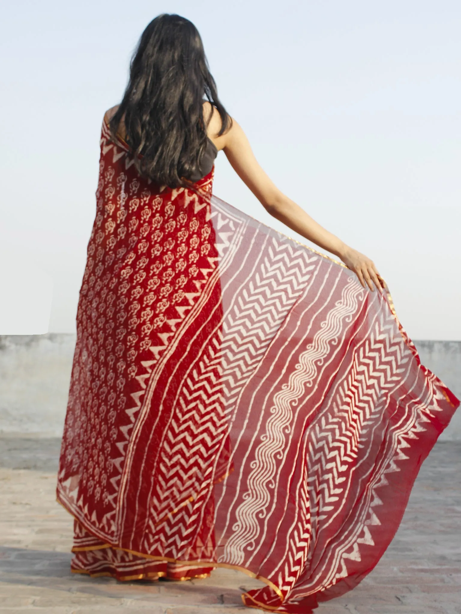 Maroon Ivory Hand Block Printed Chiffon Saree - S031702340