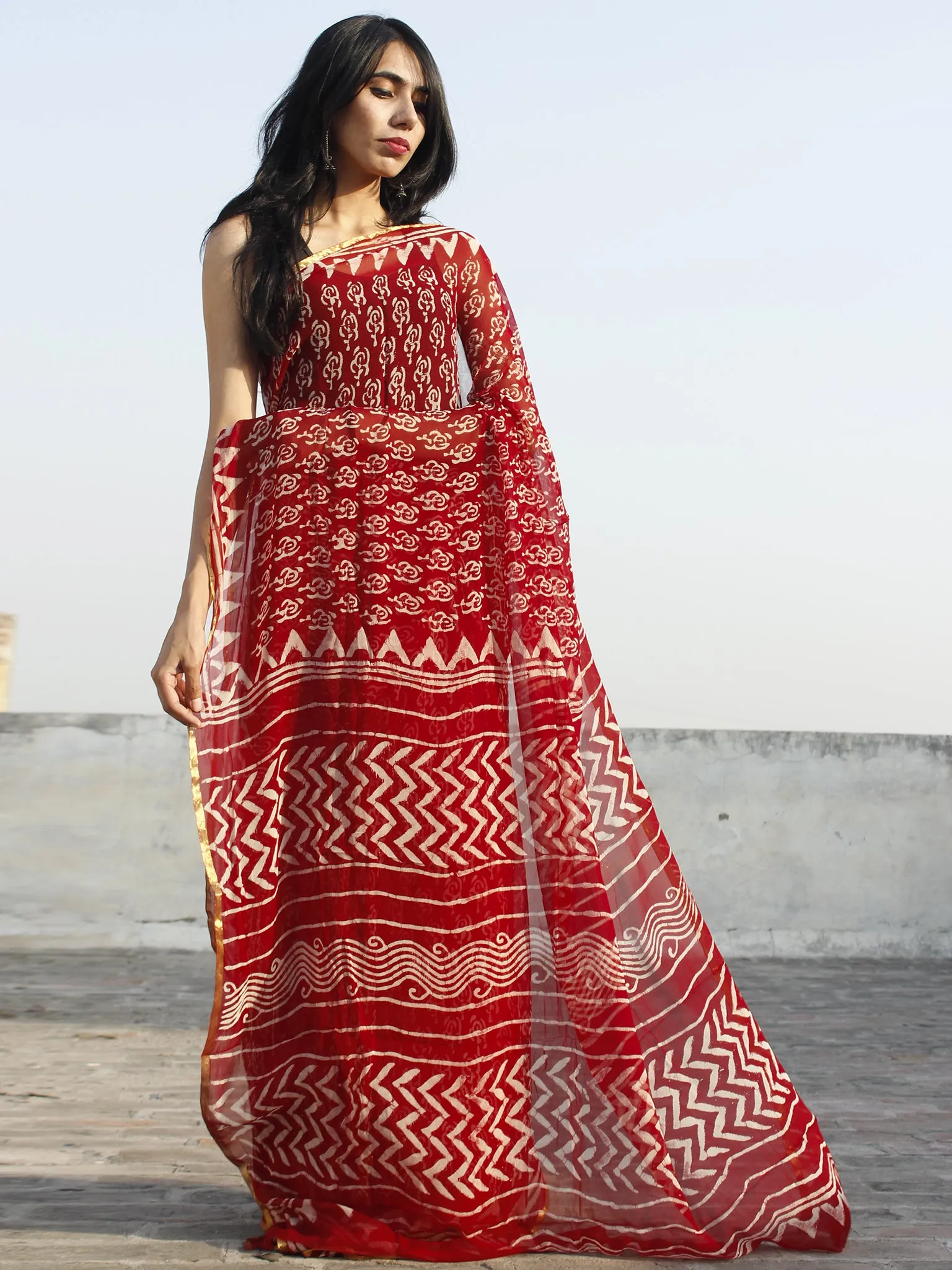 Maroon Ivory Hand Block Printed Chiffon Saree - S031702340